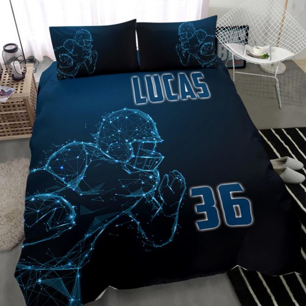 Personalized Football Duvet Cover Set, Football Boy Digital Player Gift Idea Blue Duvet Cover & Pillowcases, Custom Name Number Bedding Set