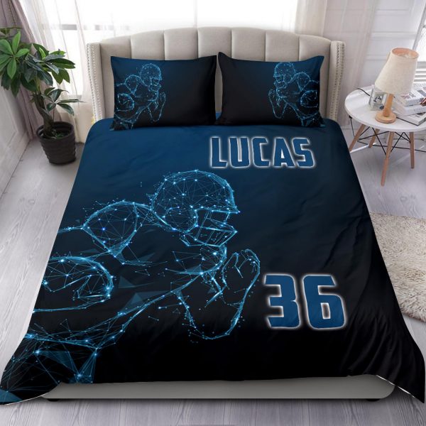 Personalized Football Duvet Cover Set, Football Boy Digital Player Gift Idea Blue Duvet Cover & Pillowcases, Custom Name Number Bedding Set