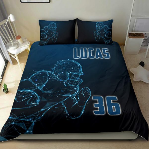 Personalized Football Duvet Cover Set, Football Boy Digital Player Gift Idea Blue Duvet Cover & Pillowcases, Custom Name Number Bedding Set