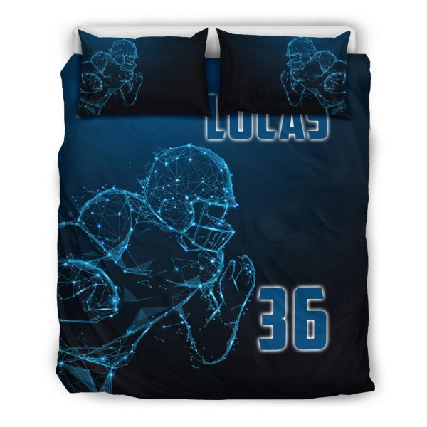 Personalized Football Duvet Cover Set, Football Boy Digital Player Gift Idea Blue Duvet Cover & Pillowcases, Custom Name Number Bedding Set