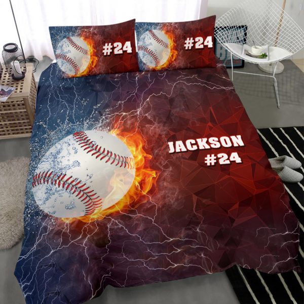 Personalized Baseball Duvet Cover Set, Baseball Ball Thunder Red Blue Player Gift Duvet Cover & Pillowcases, Custom Name Number Bedding Set