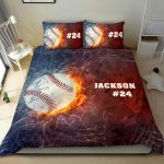 Personalized Baseball Duvet Cover Set, Baseball Ball Thunder Red Blue Player Gift Duvet Cover & Pillowcases, Custom Name Number Bedding Set