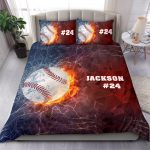 Personalized Baseball Duvet Cover Set, Baseball Ball Thunder Red Blue Player Gift Duvet Cover & Pillowcases, Custom Name Number Bedding Set