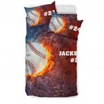 Personalized Baseball Duvet Cover Set, Baseball Ball Thunder Red Blue Player Gift Duvet Cover & Pillowcases, Custom Name Number Bedding Set