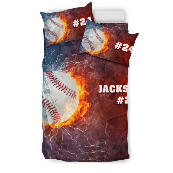 Personalized Baseball Duvet Cover Set, Baseball Ball Thunder Red Blue Player Gift Duvet Cover & Pillowcases, Custom Name Number Bedding Set