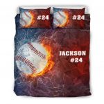 Personalized Baseball Duvet Cover Set, Baseball Ball Thunder Red Blue Player Gift Duvet Cover & Pillowcases, Custom Name Number Bedding Set