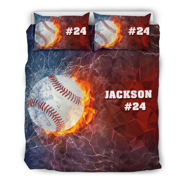 Personalized Baseball Duvet Cover Set, Baseball Ball Thunder Red Blue Player Gift Duvet Cover & Pillowcases, Custom Name Number Bedding Set