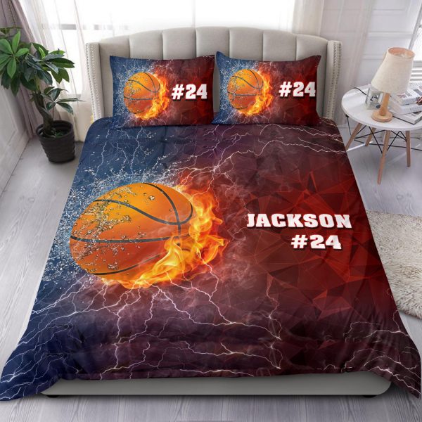 Personalized Basketball Duvet Cover Set, Basketball Ball Thunder Red Blue Player Gift Duvet Cover & Pillowcases, Custom Name Number Bedding Set