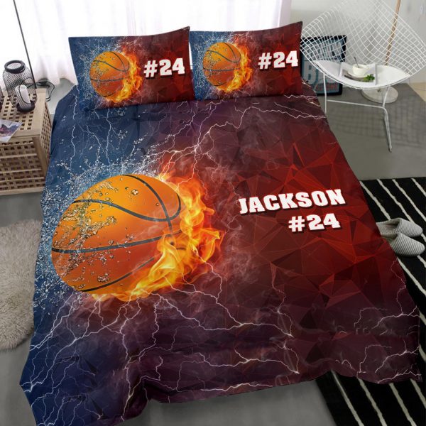 Personalized Basketball Duvet Cover Set, Basketball Ball Thunder Red Blue Player Gift Duvet Cover & Pillowcases, Custom Name Number Bedding Set