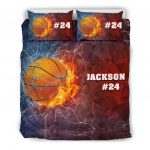 Personalized Basketball Duvet Cover Set, Basketball Ball Thunder Red Blue Player Gift Duvet Cover & Pillowcases, Custom Name Number Bedding Set