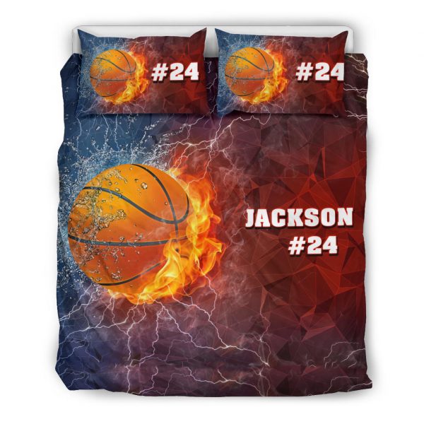 Personalized Basketball Duvet Cover Set, Basketball Ball Thunder Red Blue Player Gift Duvet Cover & Pillowcases, Custom Name Number Bedding Set