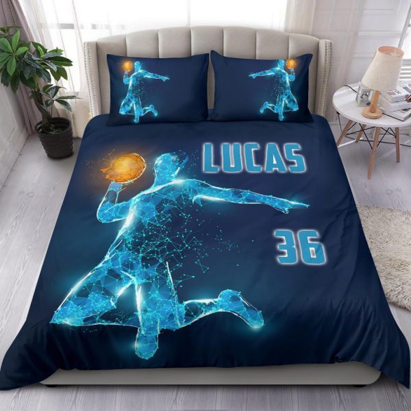 Personalized Basketball Duvet Cover Set, Basketball Boy Digital Blue Player Gift Idea Duvet Cover & Pillowcases, Custom Name Number Bedding Set