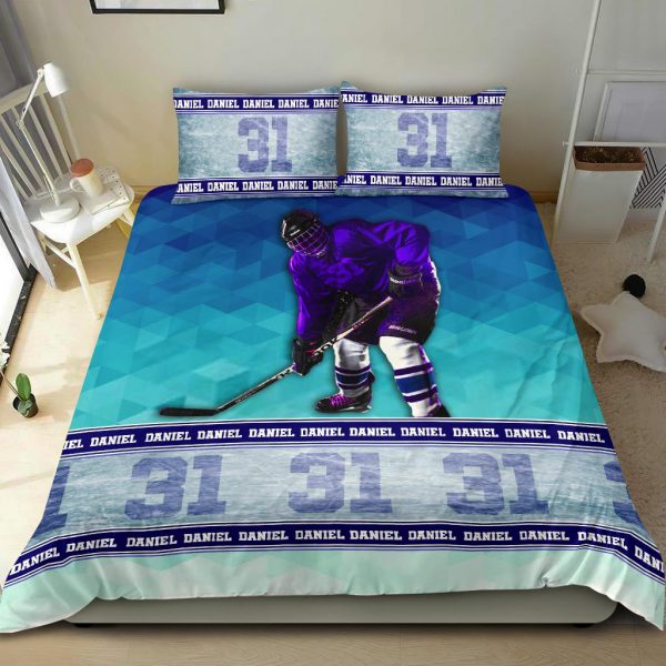 Personalized Hockey Duvet Cover Set, Ice Hockey Player Unique Gift Idea Blue Duvet Cover & Pillowcases, Custom Name Number Bedding Set
