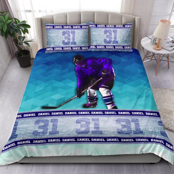 Personalized Hockey Duvet Cover Set, Ice Hockey Player Unique Gift Idea Blue Duvet Cover & Pillowcases, Custom Name Number Bedding Set