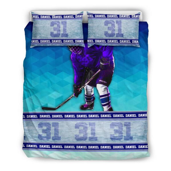 Personalized Hockey Duvet Cover Set, Ice Hockey Player Unique Gift Idea Blue Duvet Cover & Pillowcases, Custom Name Number Bedding Set
