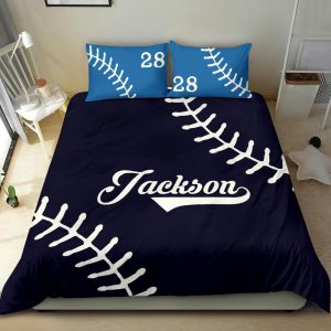 Personalized Baseball Duvet Cover Set, Baseball Ball Pattern Blue Player Gift Idea Duvet Cover & Pillowcases, Custom Name Number Bedding Set