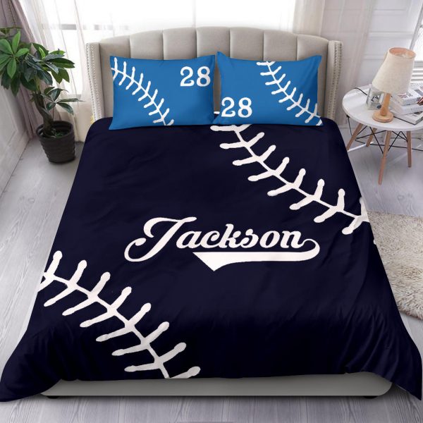 Personalized Baseball Duvet Cover Set, Baseball Ball Pattern Blue Player Gift Idea Duvet Cover & Pillowcases, Custom Name Number Bedding Set