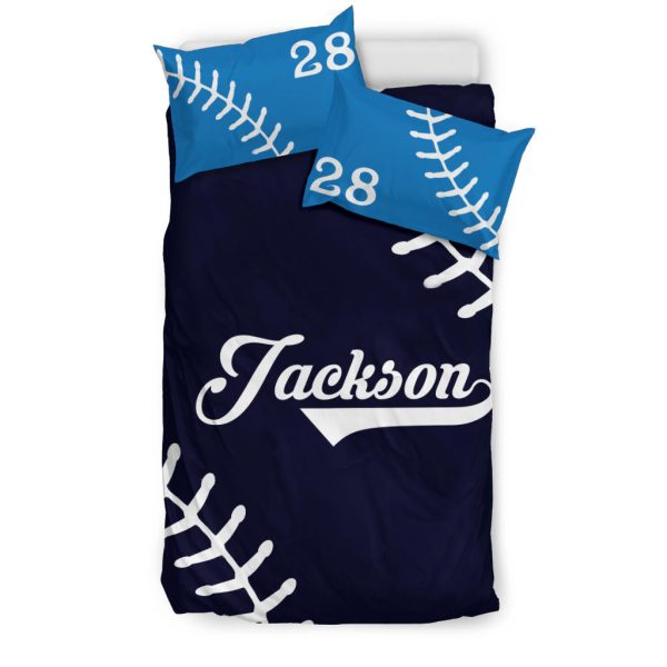Personalized Baseball Duvet Cover Set, Baseball Ball Pattern Blue Player Gift Idea Duvet Cover & Pillowcases, Custom Name Number Bedding Set