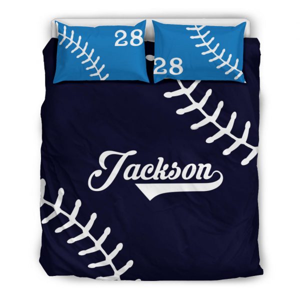 Personalized Baseball Duvet Cover Set, Baseball Ball Pattern Blue Player Gift Idea Duvet Cover & Pillowcases, Custom Name Number Bedding Set