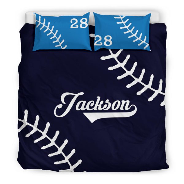 Personalized Baseball Duvet Cover Set, Baseball Ball Pattern Blue Player Gift Idea Duvet Cover & Pillowcases, Custom Name Number Bedding Set