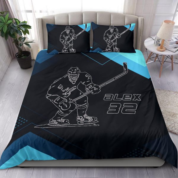 Personalized Hockey Duvet Cover Set, Hockey Man Boy Black Blue Player Gift Idea Duvet Cover & Pillowcases, Custom Name Number Bedding Set