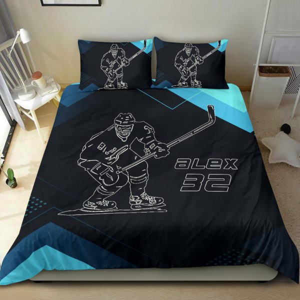 Personalized Hockey Duvet Cover Set, Hockey Man Boy Black Blue Player Gift Idea Duvet Cover & Pillowcases, Custom Name Number Bedding Set