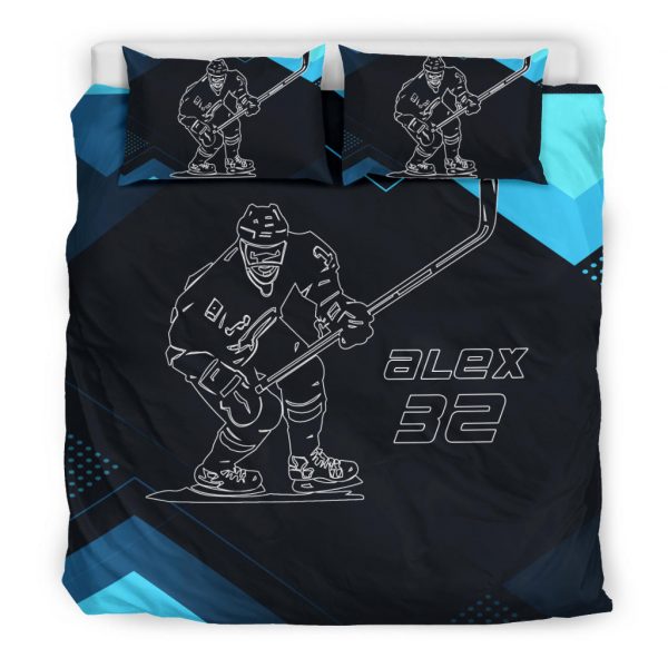 Personalized Hockey Duvet Cover Set, Hockey Man Boy Black Blue Player Gift Idea Duvet Cover & Pillowcases, Custom Name Number Bedding Set
