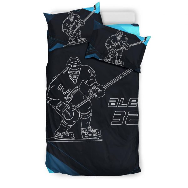 Personalized Hockey Duvet Cover Set, Hockey Man Boy Black Blue Player Gift Idea Duvet Cover & Pillowcases, Custom Name Number Bedding Set