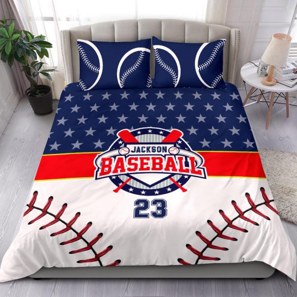 Personalized Baseball Duvet Cover Set, Baseball Star Ball Player Gift Blue White Duvet Cover & Pillowcases, Custom Name Number Bedding Set