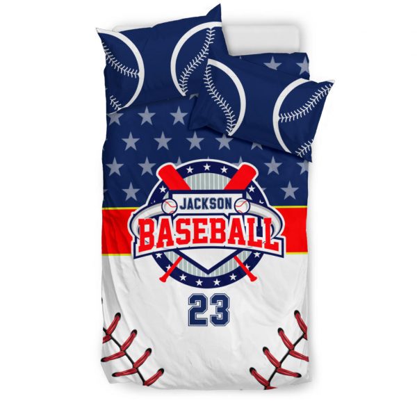 Personalized Baseball Duvet Cover Set, Baseball Star Ball Player Gift Blue White Duvet Cover & Pillowcases, Custom Name Number Bedding Set