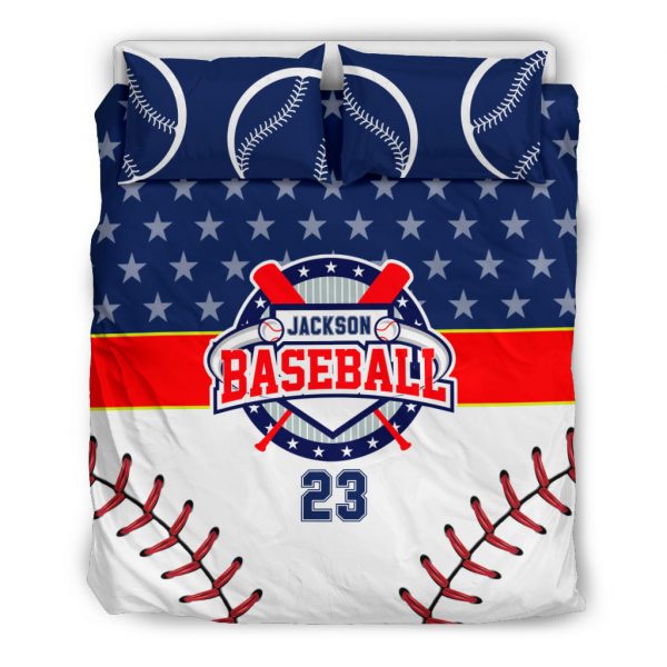 Personalized Baseball Duvet Cover Set, Baseball Star Ball Player Gift Blue White Duvet Cover & Pillowcases, Custom Name Number Bedding Set