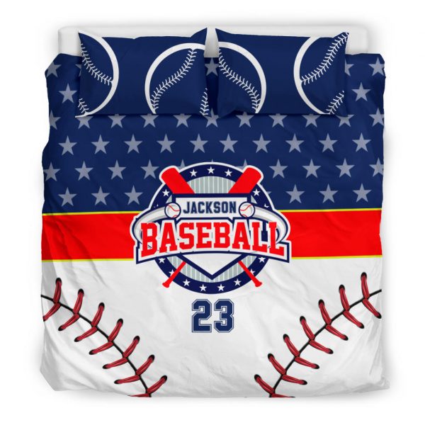 Personalized Baseball Duvet Cover Set, Baseball Star Ball Player Gift Blue White Duvet Cover & Pillowcases, Custom Name Number Bedding Set