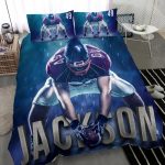 Personalized Football Duvet Cover Set, Football Player Posing Gift Idea Blue Duvet Cover & Pillowcases, Custom Name Number Bedding Set