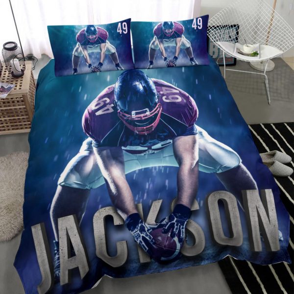 Personalized Football Duvet Cover Set, Football Player Posing Gift Idea Blue Duvet Cover & Pillowcases, Custom Name Number Bedding Set