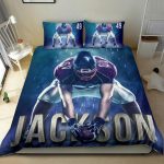 Personalized Football Duvet Cover Set, Football Player Posing Gift Idea Blue Duvet Cover & Pillowcases, Custom Name Number Bedding Set