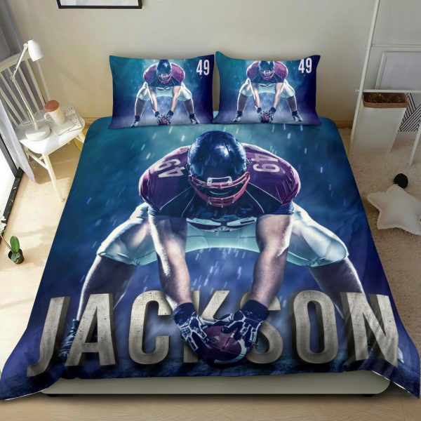 Personalized Football Duvet Cover Set, Football Player Posing Gift Idea Blue Duvet Cover & Pillowcases, Custom Name Number Bedding Set