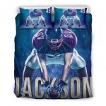 Personalized Football Duvet Cover Set, Football Player Posing Gift Idea Blue Duvet Cover & Pillowcases, Custom Name Number Bedding Set