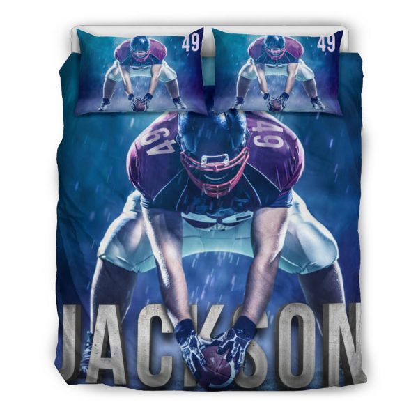 Personalized Football Duvet Cover Set, Football Player Posing Gift Idea Blue Duvet Cover & Pillowcases, Custom Name Number Bedding Set