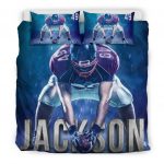 Personalized Football Duvet Cover Set, Football Player Posing Gift Idea Blue Duvet Cover & Pillowcases, Custom Name Number Bedding Set