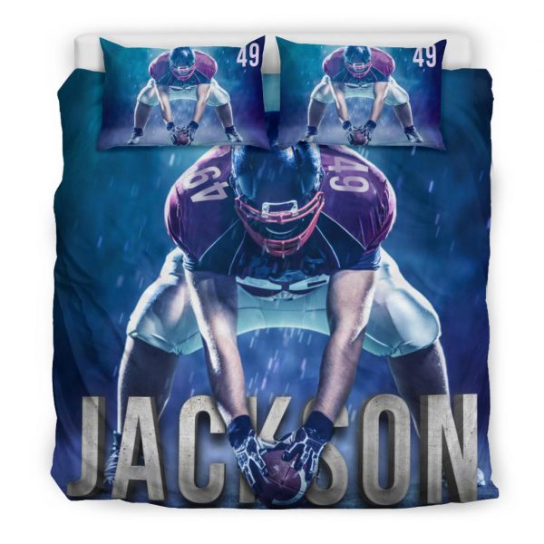 Personalized Football Duvet Cover Set, Football Player Posing Gift Idea Blue Duvet Cover & Pillowcases, Custom Name Number Bedding Set