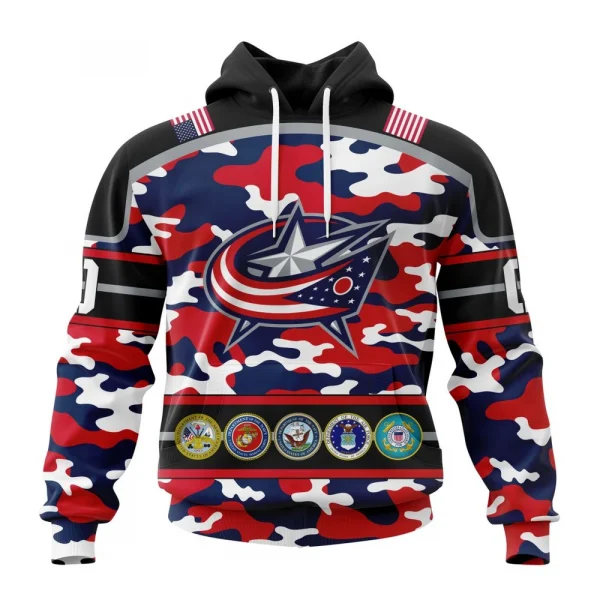 NHL Columbus Blue Jackets, Specialized Design Wih Camo Team Color And Military Force Logo Graphic Hoodie