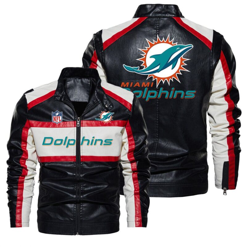 Brilliant Miami Dolphins Leather Jacket Motorcycle Stand Collar Coat V2 For Purchase