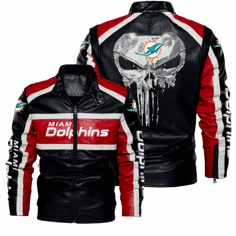 Get Miami Dolphins Skull Leather Jacket Motorcycle Stand Collar Coat For Sale Today