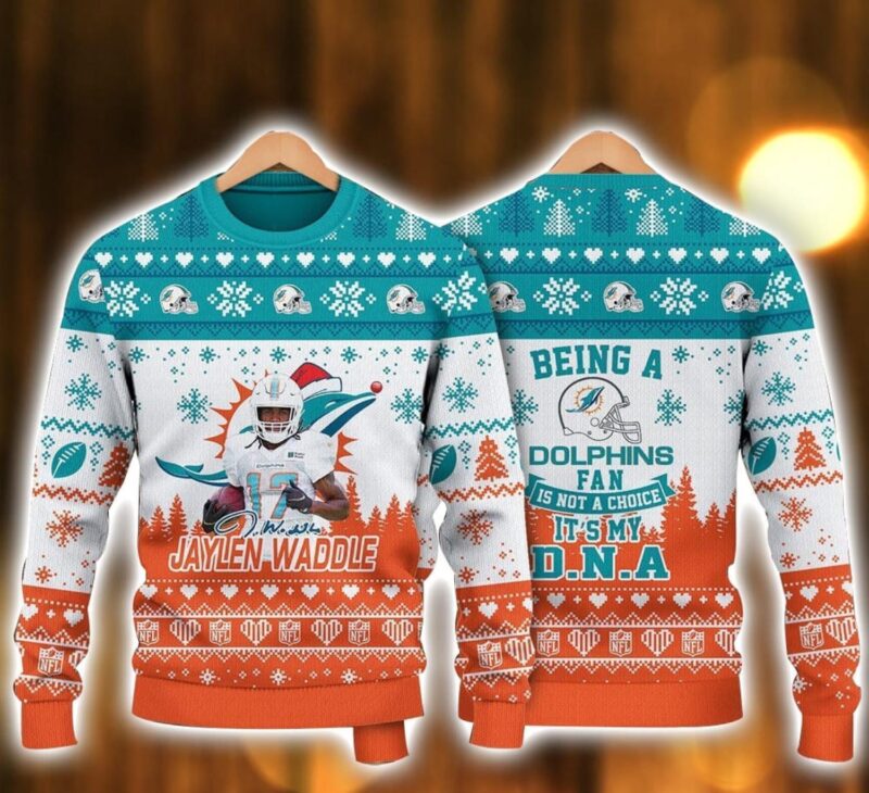 Jaylen Waddle Miami Dolphins Being A Dolphins Fan Is My D.N.A NFL Ugly Christmas Sweater Christmas