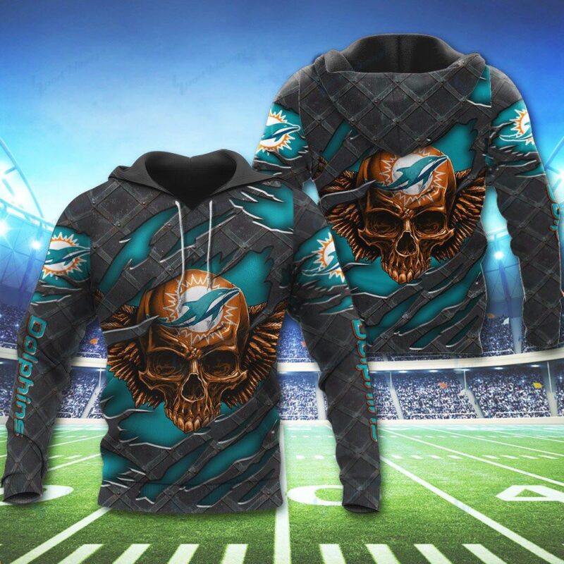 Miami Dolphins All Over Printed Skull Hoodie 3D