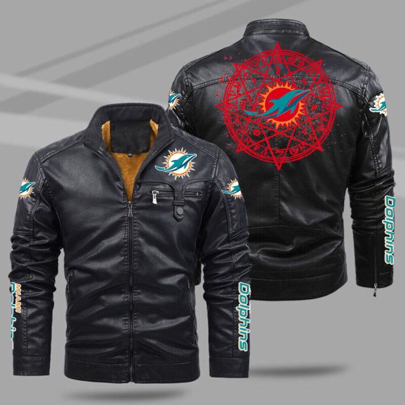 Miami Dolphins Fleece Lined Leather Jacket Motorcycle Black