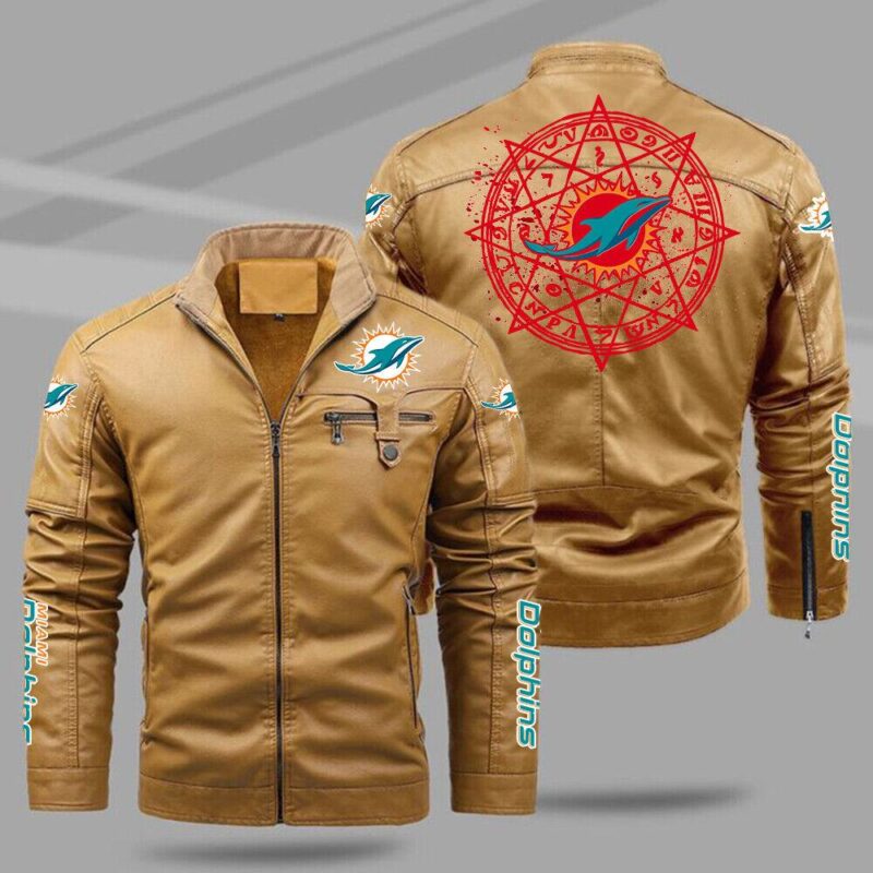 Miami Dolphins Fleece Lined Leather Jacket Motorcycle Brown
