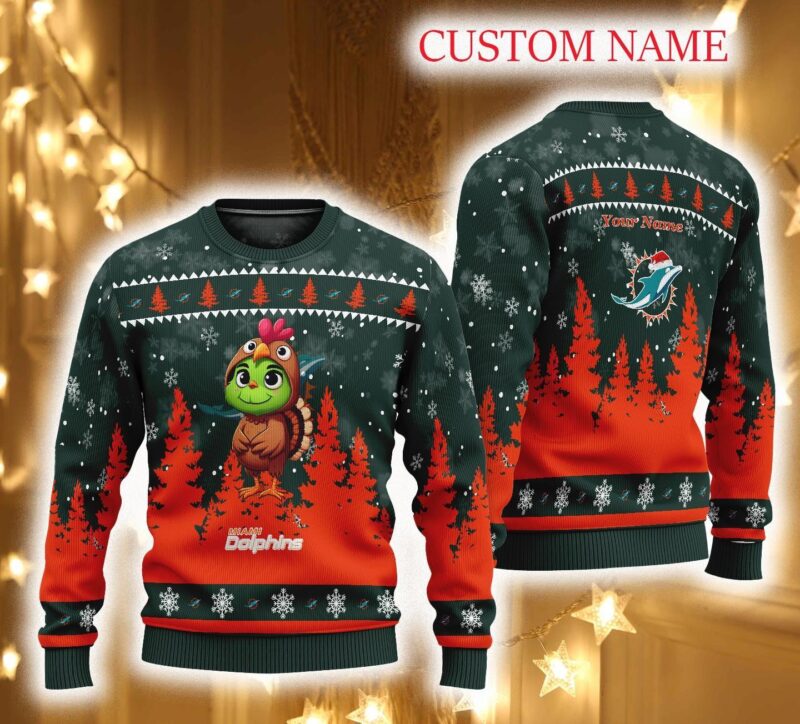 Miami Dolphins Grinch Baby Turkey Cosplay Ugly Christmas Sweater Gift For Fan