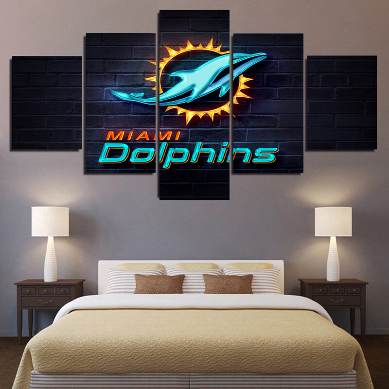 Miami Dolphins Neon 5 Piece Canvas Art Wall Decor - Canvas Prints Artwork