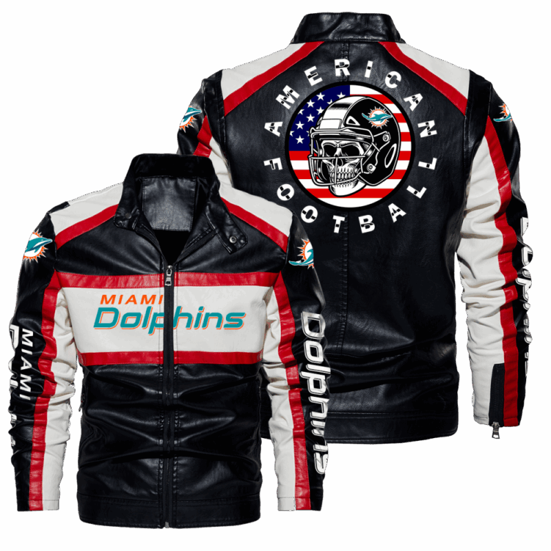 Purchase Miami Dolphins Leather Jacket Motorcycle Stand Collar Coat Open for Sale